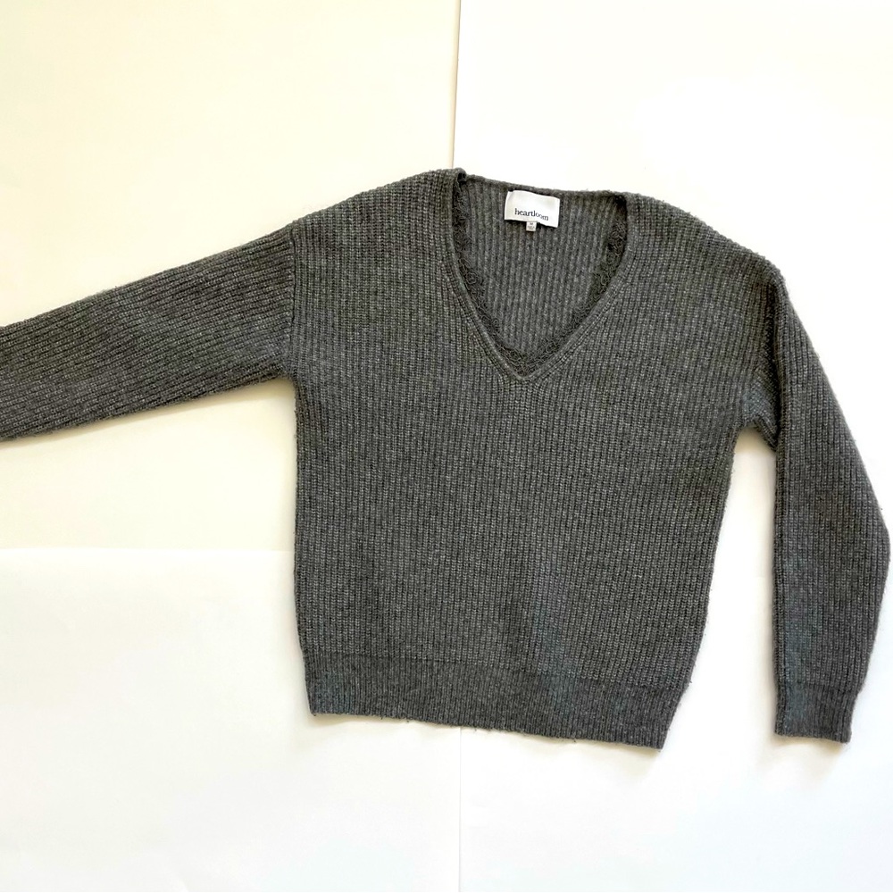 Heartloom grey heather chunky fuzzy sweater with lace neckline, size M